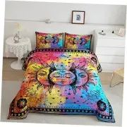 Boho Sun Moon Comforter Set 3 Piece Rainbow Tie Dye Bedding Set Queen Multi 19