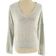 Hippie Rose Womens Top Light Gray V-Neck Ribbed Knit Long Sleeve Pullover Sz XL