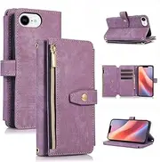 UEEBAI Wallet Case for iPhone 16e, 9 Card Slots Retro Leather Wallet Flip Cover for Women with Hand Strap Card Slots Zipper Pocket Kickstand Handbag Magnetic Closure Flip Case for SE4- Purple
