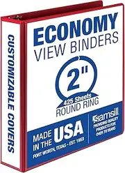 Samsill 2 Inch 3 Ring Binder, Made in USA, Economy Round Ring, Clear View Cover, 425 Sheet Capacity - for School, Home, Office - Red
