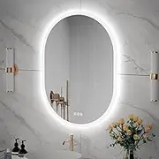 furduzz Oval LED Bathroom Mirror 500x700mm, Bathroom Wall Mounted Vanity Mirror with Touch/Demister/3 Colour Dimmable, Horizontal/Vertical