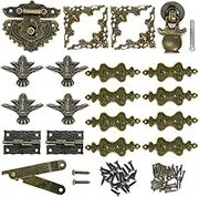 Retro Jewelry Box Antique Lock Latch Hasp Latches Buckle Vintage Bronze Engraved Hinges Drawer Handle Box Corner Protectors and Box Feet Legs with Screws for Decorative Small Wood Storage Makeup Box