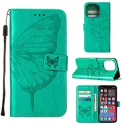 For iPhone 14 Pro Max Case, Embossed Floral Butterfly, PU Leather Wallet Cover, Lanyard, Stand, Green