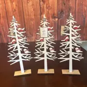 Ser Of 3 Christmas Holiday Tree Wood Tabletop Decoration Bird And Snow Flakes