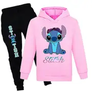 Disney Lilo And Stitch Kids Hoodie And Pants Set 2 Piece Pullover Sweatshirt Suit For 9-14y Boys Girls School Casual Novelty Tracksuit TY Pink 11-1...