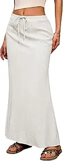 [ELLEVEN] Linen Flared Maxi Skirt with Back Slit - Elastic Waist Drawstring Long Flowy Ankle-Length Skirt