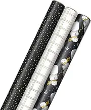 Hallmark Black Christmas Wrapping Paper with Cut Lines on Reverse (3 Rolls: 120 sq. ft. ttl) Charcoal Gray, Snowmen, Gold Windowpane Plaid, Dots for Holidays, Hanukkah, Weddings, Graduations