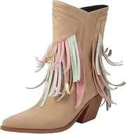 [JEUROT] Women's Fringe Western Boots Mid Wide Calf Riding Cowgirl Cowboy Boots Pointed Toe Chunky Stacked Heel Pull On Boots