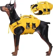 Kuoser Dog Life Jacket for Small, Medium, Large Dogs, Adjustable & Ripstop Life Jacket with Rescue Handle, High Buoyancy Pet Life-Saver, Puppies, Swimsuits for Beach, Yellow, XL