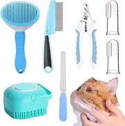 Dog Grooming Kit | Dog Shedding Brush with Nail Clipper and File | 2 Pet Finger Toothbrushes, Flea Comb for Cat and Bunny