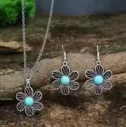 Vintage Turquoise flower Pendant Necklace & Drop Earrings set