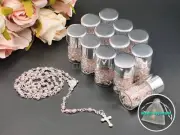 US 12 Pink Clear Rosary Necklace in Glass Silver Jar Perfect for Gifts for Guest