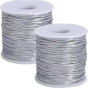 SUNMNS 2 Pcs Silver Metallic Tinsel Cords (0.8mm x 100M), Elastic and Sturdy, Ideal for Gift Wrapping, Decorating, Crafting, Beading, Jewelry Making