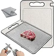 Stainless Steel Chopping Board - Double Sided Wheat Straw and Titanium Cutting Board with Juice Groove, Easy Grip Handle - Durable, Non-Slip - Meat, Vegetables, Fruit Titanium Chopping Board