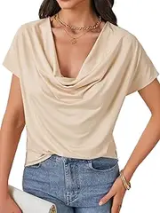 [Rooscier] Women' Dressy Cowl Neck Short Sleeve Tops Ruched Loose Fit Shirts for Women Fashion Stretchy Sexy Blouse