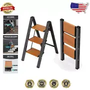 Stylish Black & Wood Grain Folding Step Ladder, 300 lbs Capacity, Anti-Slip Feet