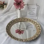 Yash YANIZU Decorative Mirror Tray, Round Hollowed Out Design, Organizer for Makeup, Jewelry, Perfume, Vintage Display and Serving Tray for Dresser, Counter and Coffee Table, 12inchesX 12inches, Gold