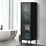 Oikiture Storage Cabinet Tall Slim Cupboard Tempered Glass Door Black