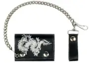 GENUINE LEATHER DRAGON TRI-FOLD MEN'S WALLET W SNAP ON CHAIN new folding wallets