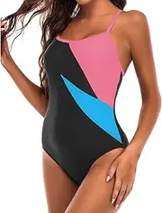 [TEMKIN] Women Swimwear One Piece Sport Swimsuit Color Block Cutout Swimming Costume with Adjustable Straps