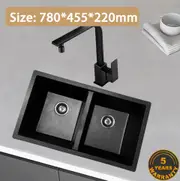 780*455*220mm Kitchen Sink Laundry Black Granite Stone Sinks Double Bowls Basin [44-GS7846B]