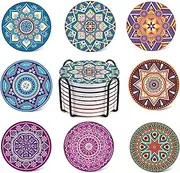 Drink Coasters Round Absorbent Ceramic Stone Coasters Set of 8 with Cork Base, Fun Drink Coasters with Stand for Cold Drinks, Wine Glasses and Cups Table Protection, 4 inch
