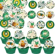 Ephlyn 48Pcs Edible St Patrick's Day Cupcake Topper Wafer Paper Lucky Four Leaf Clover Cupcake Toppers Picks for St Patrick's Day Party Irish Holiday Party Decorations Supplies