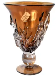 ION TAMAIAN Art Glass Amber Hand Blown Vase Fused Glass Footed Romania New