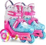 Toddler Roller Skates(Ages 3-9), Adjustable Sizes Fun Illuminating Safety Three-Point Type Balance Breathable Upper Beginners' Skating Shoes Girls Boys