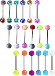 [CHarmeFleur] 14G Pack of 18 Coloured Ball Tongue Rings Stainless Steel Barbell Tongue Straight Ring Retainer Nipple Ring Bar Length 16 mm for Women and Men Tongue Piercing Jewellery