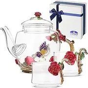BTaT- Floral Glass Tea Set With 2 Fancy Cups, Teapot, Kettle - Pretty Tea Set for Adults