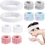 Headband Wristband Face Wash Set,DanziX Microfiber Headband Wristband,Makeup Skincare Yoga Sport Prevent Liquids Spilling Down Arm(10 Pack)-Red,White,Grey,Blue