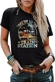 [MHTOR] Take'em to The Train Station O-Neck T-Shirt Could Be A Train Station Shirt Womens Loose Casual Letter Graphic Tees