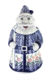 Blue Rose Polish Pottery Garden Bouquet Santa Cookie Jar