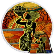 African Woman in Black and Yellow Round Beach Towel