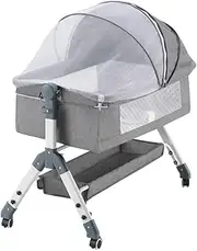 PlayPals Baby Bassinet with Mattress, Rocking Baby Crib with Storage Basket, Wheels and Mosquito net, 3 Adjustable Height, Breathable Mesh Drop Down Side, Baby Bassinet Bedside Sleeper, Grey