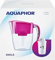 AQUAPHOR Smile Water Filter Jug - 2.9L, Fits Fridge Door, Student-Friendly | Lightweight, Space-Saving, Includes 1xA5 350L Filter with Added Magnesium, Reduces Limescale, Chlorine, Microplastics-Pink