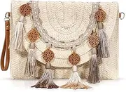 [QTKJ] Crossbody Bags for Women, Clutch Purses, Straw Beach Bag, Bohemian Handmade Woven Purse, Tassel Handbags for Women Vacation, Travel(Beige), Beige