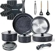 Chef Power Ceramic Nonstick Cookware Set 19 Piece with Detachable Handle, Induction Dishwasher Oven Safe Pans and Pots Set, RV Kitchen Set Removable Handle, Rock Stone Black