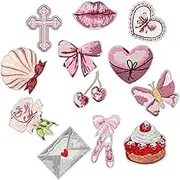 HEYTRCO 12PCS Pink Girl Iron on Patches, Cute Heart Cake Kiss Embroidered Patches for Clothes, Coquette Cross Bow Heart Applique for Girls, Hats, Jeans, Jackets, Bags, Backpacks, Dress