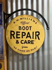 RM WILLIAMS BOOT REPAIR 560 MM METAL SIGN WITH HANGER DOUBLE SIDED
