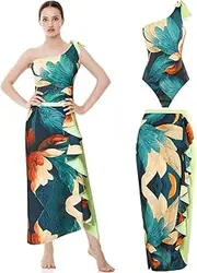 [AutoWT] Summer Women's One Piece Swimsuit,2024 Fashion One Shoulder Printed Bikini One Piece with Cover Up Wrap Dress Vacation Beachwear Swimsuit,2PCS Set