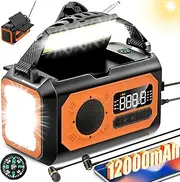 12000mAh Emergency Radio,Multi-Function AM/FM/NOAA Weather Radio,2 Solar Panels,Hand Crank,USB Cable 3 Charging Methods,SOS Alarm,Flashlight,Phone Charger,Compass,Reading Lamp (Orange)