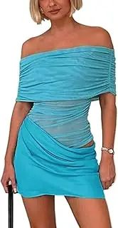 [GIYKBX] Womens Off Shoulder Mesh Patchwork Mini Dress Cutout Ruched Sleeveless Sundresses Beach Dresses