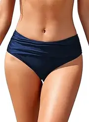 SHEKINI Womens Ruched Bikini Bottom Solid Medium Waisted Tummy Control Swim Bottoms