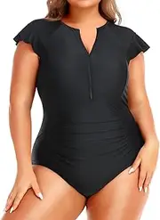 [Holipick] Plus Size One Piece Swimsuit for Women Tummy Control Cap Sleeves Bathing Suits Zipper Front Rash Guard Swimwear