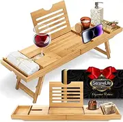 SereneLife Bath Caddy Breakfast Tray Combo with Gift Box-Natural Bamboo Wood Waterproof Bath Tub Caddy and Bed Tray with Folding Slide-Out Arms,Device Grooves,Wine Glass and Soap Holder
