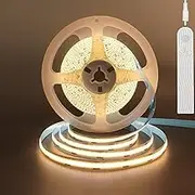 Clearhill 5V COB LED Strip Lights with PIR Movement Sensor 2Pcs,Time-Delay Adjustable,Two Power Supply Ways,Battery Powered(no Battery),9.84FT/3M,Warm White 3000K,320LEDs/M,8mm Width,for Cabinet