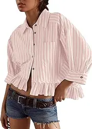 [Ymejia] Womens 3/4 Length Sleeve Striped Button Down Shirt Loose Fit Drop Shoulder Trendy Ruffle Hem Striped Blouses Top