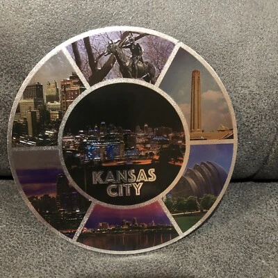Kansas City MO Missouri Skyline Landmarks Large 5” Round Fridge Magnet - New